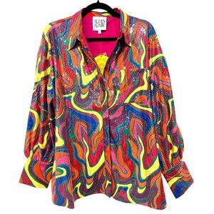 Alden Adair Sequin Multicolor Psychedelic Button-Up Shirt Large NWT